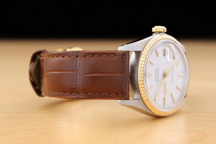 ROLEX MENS DATEJUST 16013 WHITE DIAL 18K GOLD STEEL WATCH w/ BROWN LEATHER BAND - 7