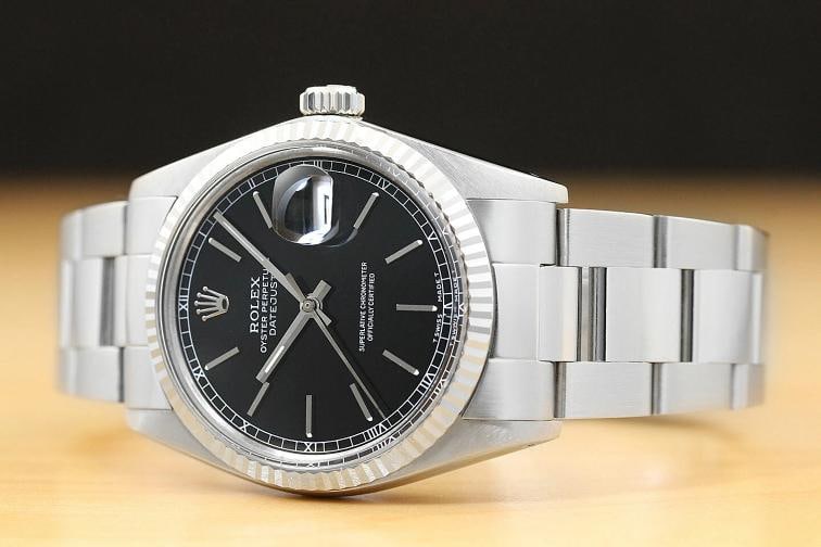 ROLEX MENS DATEJUST 16014 BLACK DIAL 18K WHITE GOLD STEEL WATCH w/ OYSTER BAND - 2