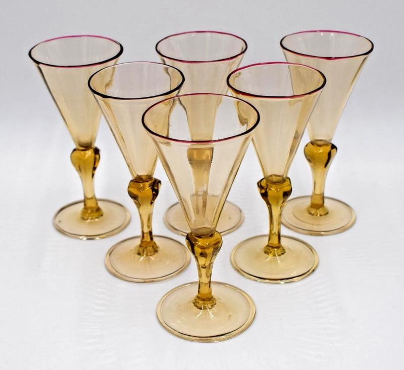 Set of 6 Venini Cordials Designed by Vittorio Zecchin, Amber w/Red Rim, C1920 - 2