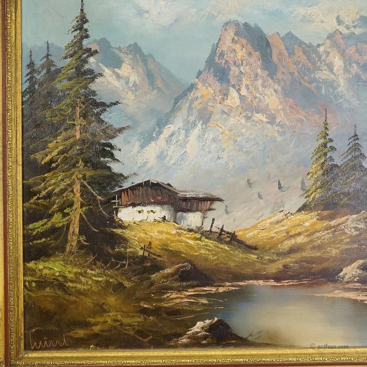 Alpine Landscape Oil Painting with Tyrolean Mountain Hut - 3