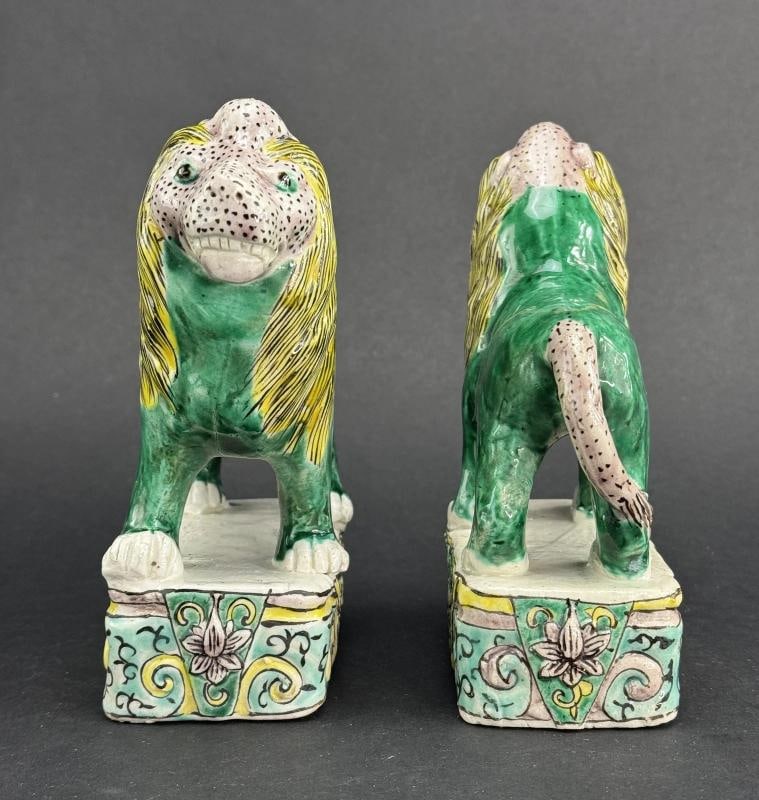 Lovely Pair Chinese Qing Sancai 3 Color Green Glaze Lion Statue Figurines - 6