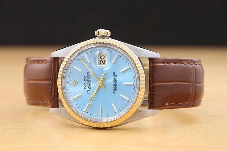 ROLEX DATEJUST 16013 18K GOLD STEEL ICE BLUE DIAL WATCH w/ BROWN LEATHER STRAP - 3