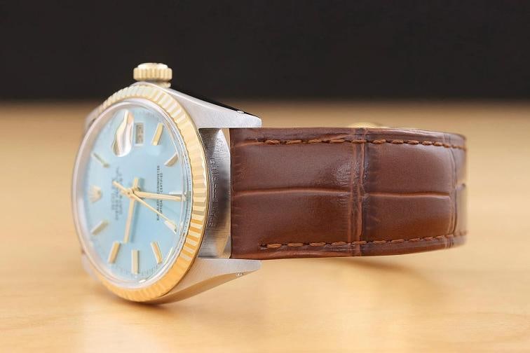 ROLEX DATEJUST 16013 18K GOLD STEEL ICE BLUE DIAL WATCH w/ BROWN LEATHER STRAP - 4
