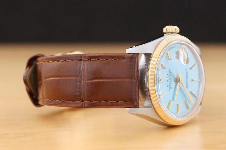 ROLEX DATEJUST 16013 18K GOLD STEEL ICE BLUE DIAL WATCH w/ BROWN LEATHER STRAP - 7