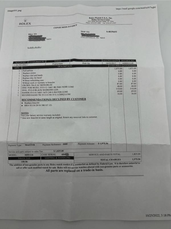 Rolex Submariner 5512 40mm Stainless Steel Rolex Service Receipt - 3