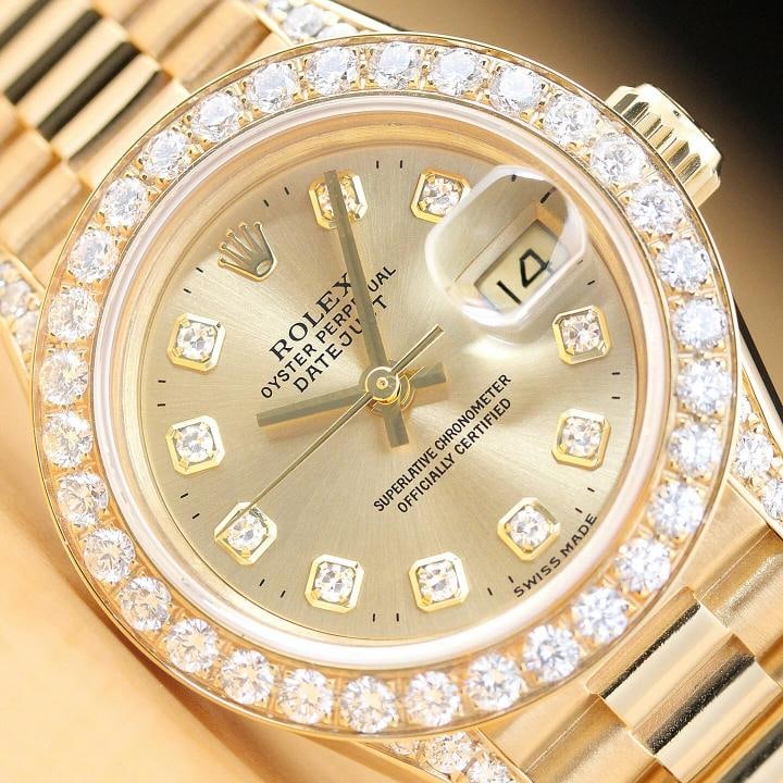 ROLEX LADIES PRESIDENT 69178 18K GOLD FACTORY DIAL 1.1 CT DIAMOND BEZEL WATCH: Condition: Pre-owned - Good,Bezel Color: Gold,Max Wrist Size: 6.26-6.75 in,Number of Jewels: 29 Jewels,Indices: Diamond Markers, 12-Hour Dial, Multiple Hands,Band: Rolex 18K Yellow Gold President Band