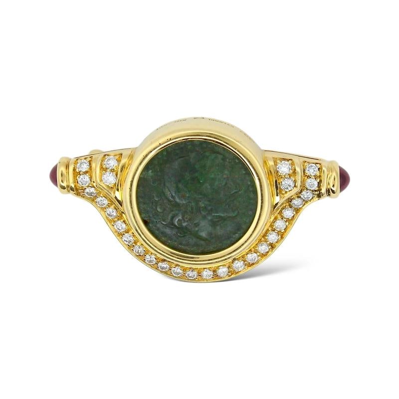 BVLGARI ITALY 18K YG, Cabochon Ruby, Diamond & Ancient Roman Monete Coin Brooch: Condition: Pre-owned - Good: This item has been gently used but is in good condition. It might have a few signs of wear, like light scratches or tarnishing. All imperfections should be shown and