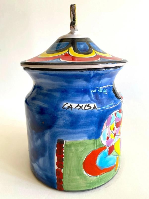 1980'S PICASSO STYLE ITALIAN ART POTTERY HAND PAINTED LARGE COOKIE JAR CANISTER - 11