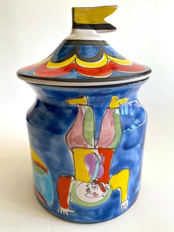 1980'S PICASSO STYLE ITALIAN ART POTTERY HAND PAINTED LARGE COOKIE JAR CANISTER - 2