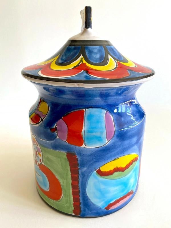 1980'S PICASSO STYLE ITALIAN ART POTTERY HAND PAINTED LARGE COOKIE JAR CANISTER - 4