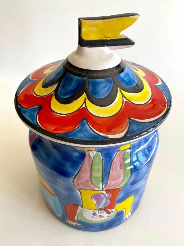 1980'S PICASSO STYLE ITALIAN ART POTTERY HAND PAINTED LARGE COOKIE JAR CANISTER - 6