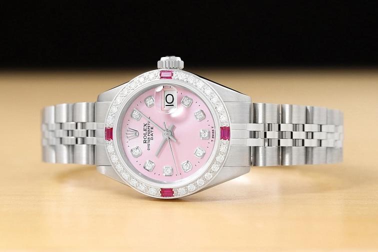 LADIES ROLEX DATE PINK RUBY DIAMOND 18K WHITE GOLD STAINLESS STEEL WATCH - 3