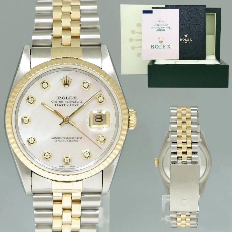 PAPERS DIAMOND Pearl Rolex DateJust 16233 Two-Tone Yellow Gold Jubilee Watch Box: Brand Rolex (Guaranteed Authentic) Model DateJust Reference Number 16233 Serial Number L Metal Two-Tone Yellow Gold / Stainless Steel Case Size 36.00mm Wrist Size This watch will currently