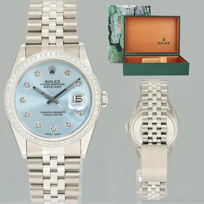 DIAMOND Bezel Rolex DateJust 36mm Glacier Blue Diamond 16030 Steel Watch Box: Brand Rolex (Guaranteed Authentic) Model DateJust Reference Number 16030 Serial 8.8 Metal Stainless Steel Case Size 36.00mm Wrist Size This watch will currently comfortably fit a wrist up to 7.50" inc
