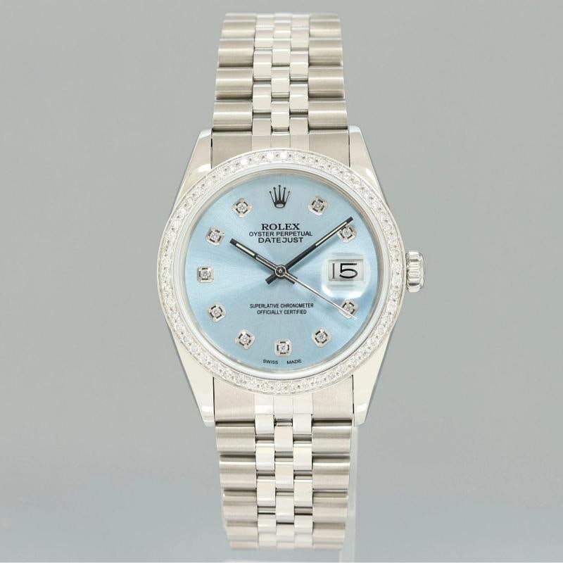 DIAMOND Bezel Rolex DateJust 36mm Glacier Blue Diamond 16030 Steel Watch Box - 3