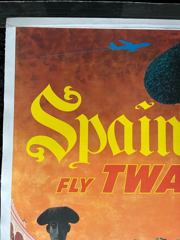 Original 1960s SPAIN - Fly TWA Airline -Travel Poster- David Klein-LINEN LINED - 2
