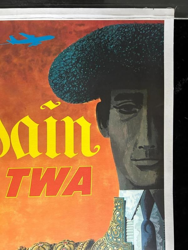 Original 1960s SPAIN - Fly TWA Airline -Travel Poster- David Klein-LINEN LINED - 3