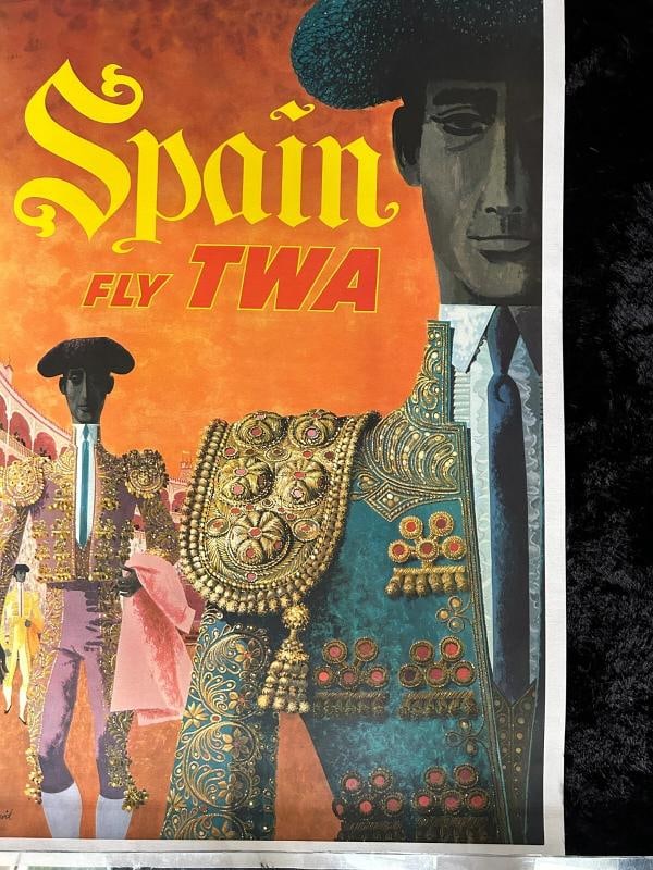 Original 1960s SPAIN - Fly TWA Airline -Travel Poster- David Klein-LINEN LINED - 4