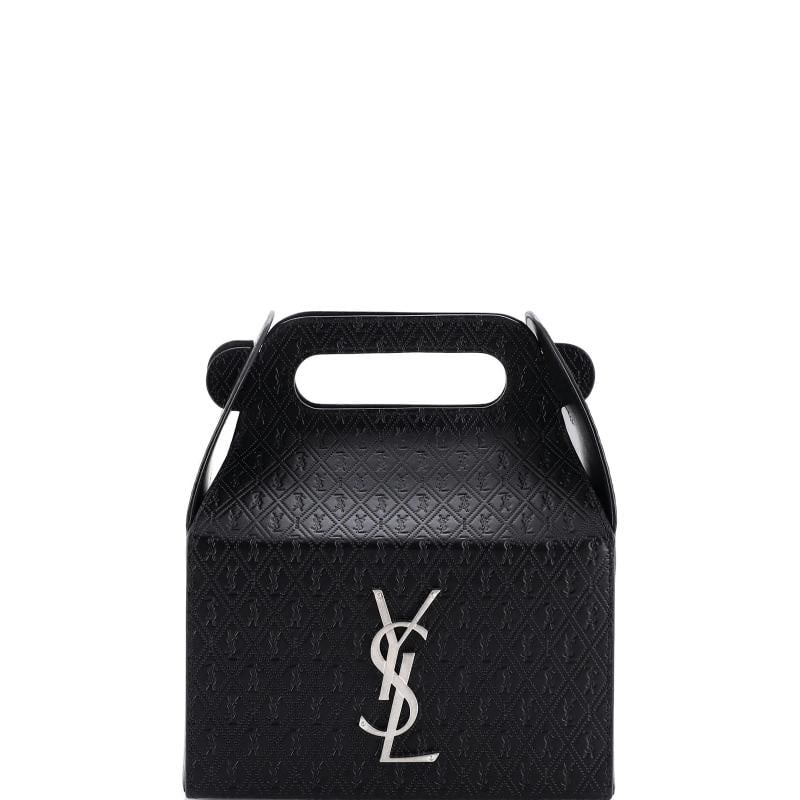 Saint Laurent Take-Away Box Bag Monogram All Over Leather: Accessories: Dust Bag Measurements: Height 9", Width 7", Depth 4.5". Condition: Pre-owned - Excellent,Brand: Saint Laurent,Exterior Material: Leather,Style: Top Handle,Exterior Color: