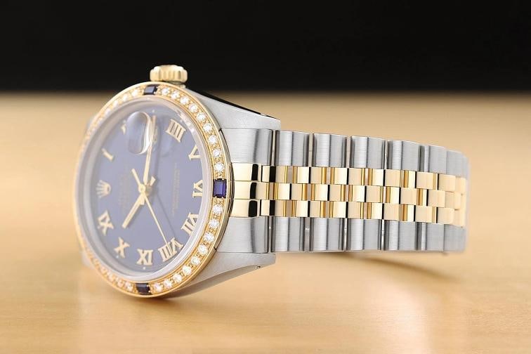 ROLEX MENS DATEJUST 16013 BLUE ROMAN DIAL SAPPHIRE DIAMOND 18K GOLD STEEL WATCH - 4