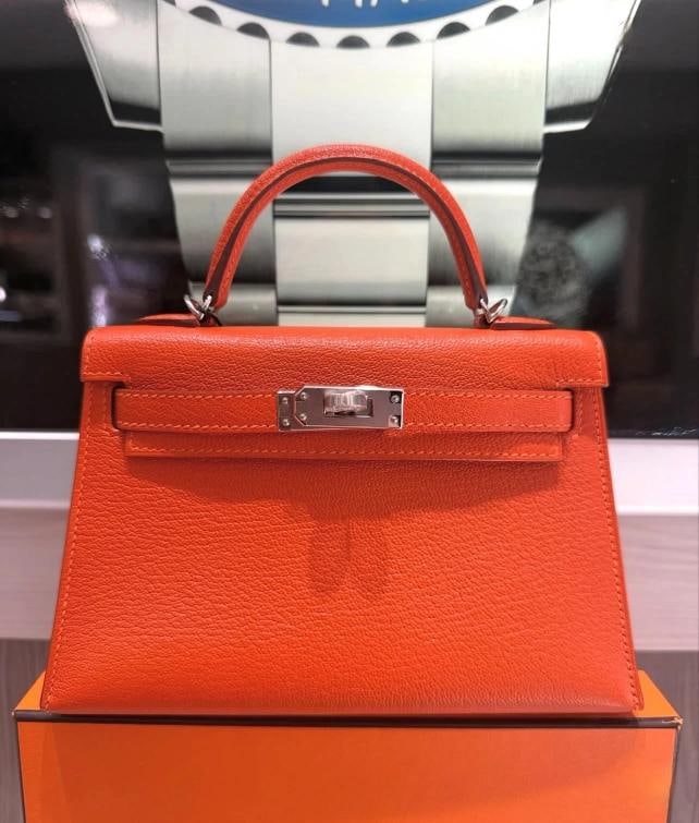 Unworn Hermes Mini Kelly 20 Verso Feu Orange Chevre Mysore Palladium Y Stamp - 2
