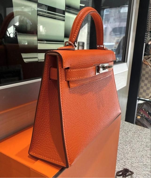Unworn Hermes Mini Kelly 20 Verso Feu Orange Chevre Mysore Palladium Y Stamp - 3