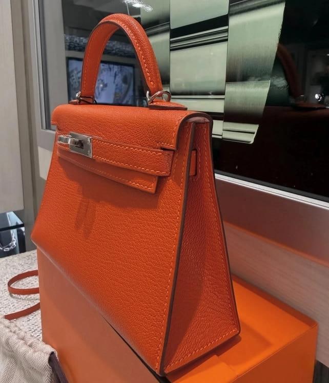 Unworn Hermes Mini Kelly 20 Verso Feu Orange Chevre Mysore Palladium Y Stamp - 4