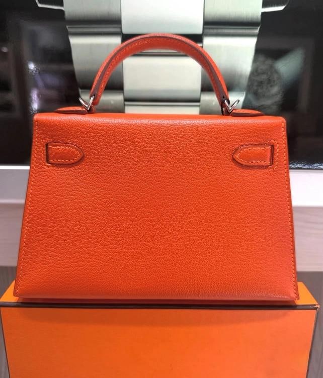 Unworn Hermes Mini Kelly 20 Verso Feu Orange Chevre Mysore Palladium Y Stamp - 5