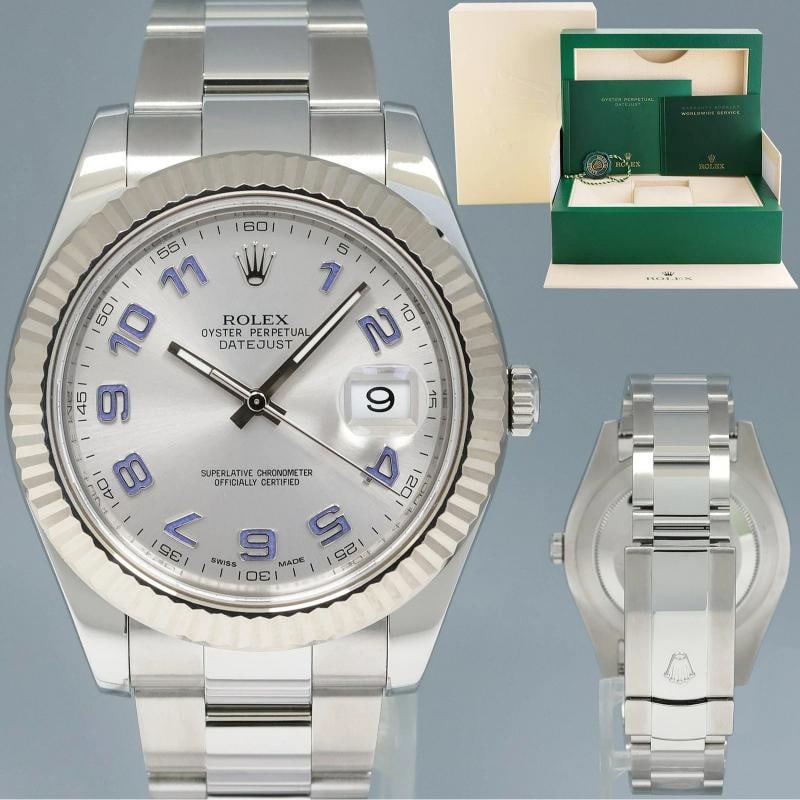 MINT Rolex Datejust 2 41mm Silver Blue Arabic 116334 White Gold Fluted Watch Box: Condition: Pre-owned - Excellent,Brand: Rolex,Department: Men,Type: Wristwatch Brand Rolex (Guaranteed Authentic) Model DateJust II Reference Number 116334 Serial Number V Gender Men's Metal