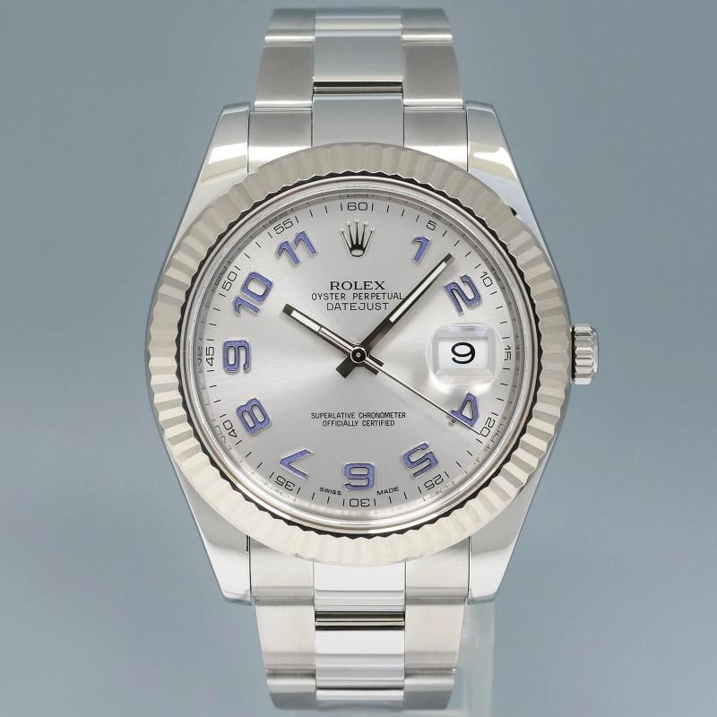 MINT Rolex Datejust 2 41mm Silver Blue Arabic 116334 White Gold Fluted Watch Box - 2