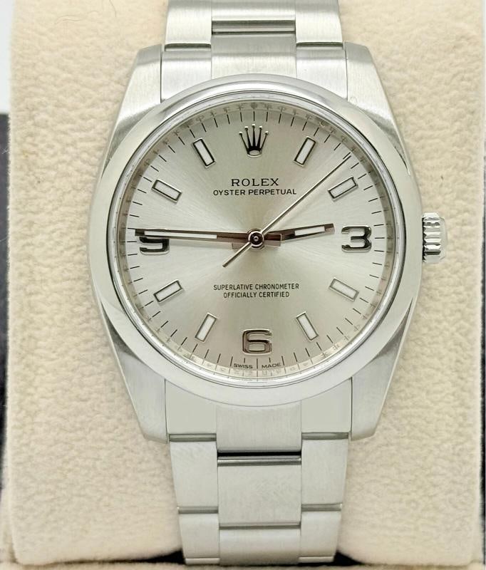 Rolex Oyster Perpetual Air King 114200 34mm Silver Dial Stainless Steel: Style Number: 114200 Serial: 4945**** Year: 2014-2018 Model: Rolex Oyster Perpetual Case Material: Stainless Steel Band: Stainless Steel Bezel: Stainless Steel Dial: Silver 