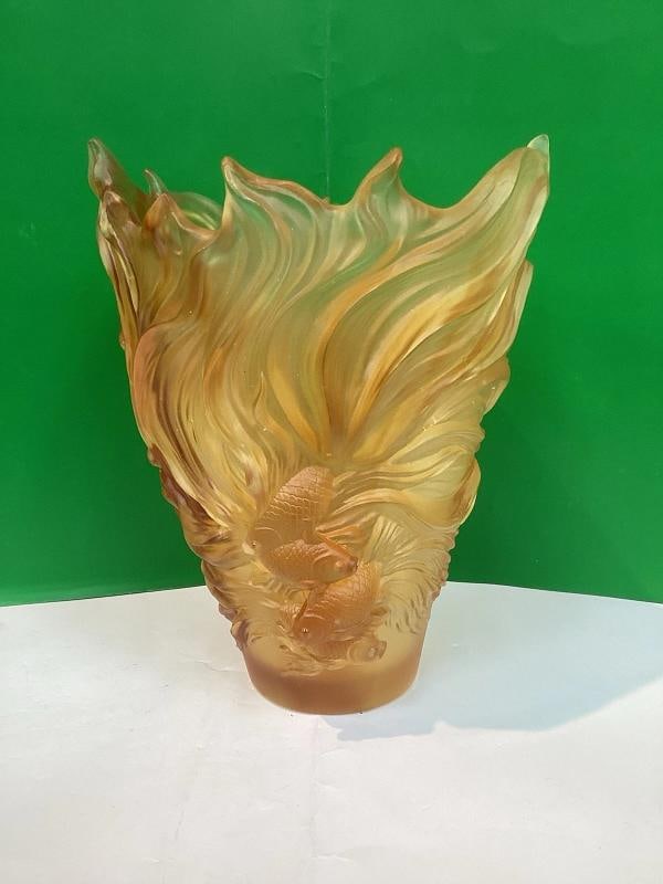 Nancy Daum Style Fish Crystal Amber Vase Heavy Art Glass H9" Maker Unknown - 10