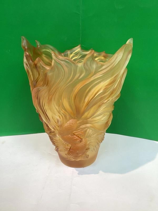 Nancy Daum Style Fish Crystal Amber Vase Heavy Art Glass H9" Maker Unknown - 11