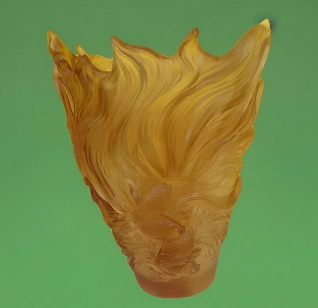 Nancy Daum Style Fish Crystal Amber Vase Heavy Art Glass H9" Maker Unknown - 12