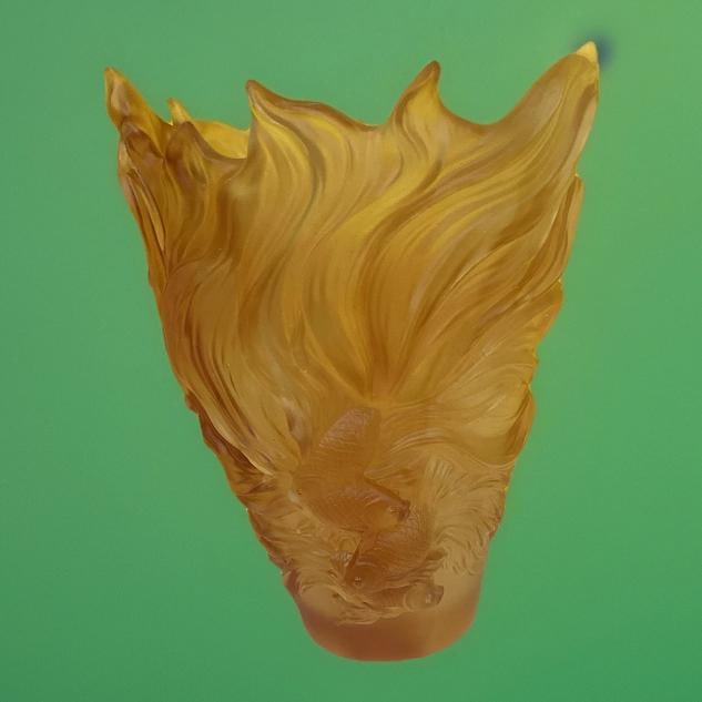 Nancy Daum Style Fish Crystal Amber Vase Heavy Art Glass H9" Maker Unknown - 2