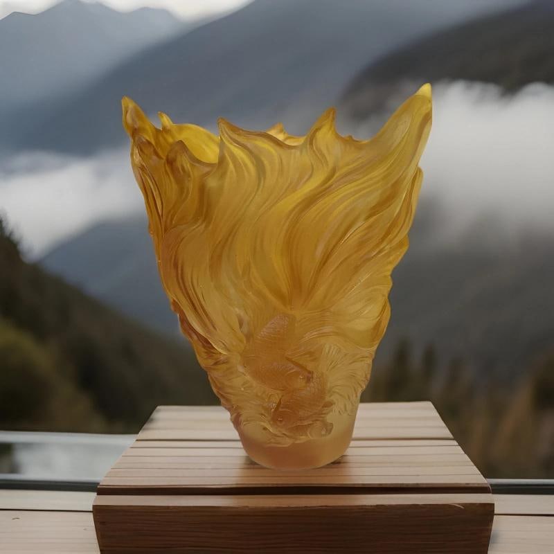 Nancy Daum Style Fish Crystal Amber Vase Heavy Art Glass H9" Maker Unknown - 3