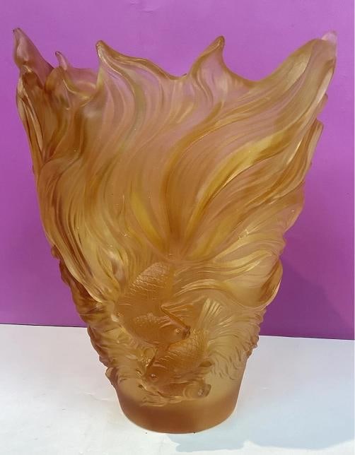 Nancy Daum Style Fish Crystal Amber Vase Heavy Art Glass H9" Maker Unknown - 4