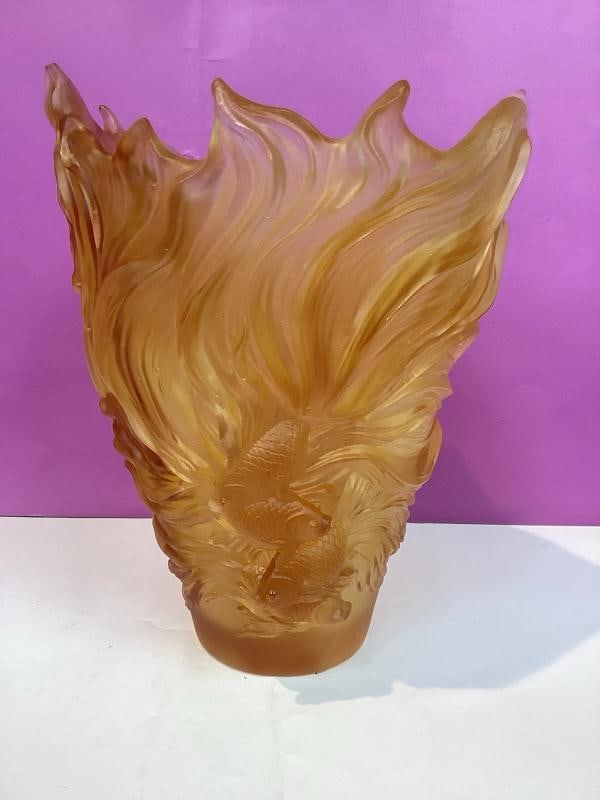 Nancy Daum Style Fish Crystal Amber Vase Heavy Art Glass H9" Maker Unknown - 5