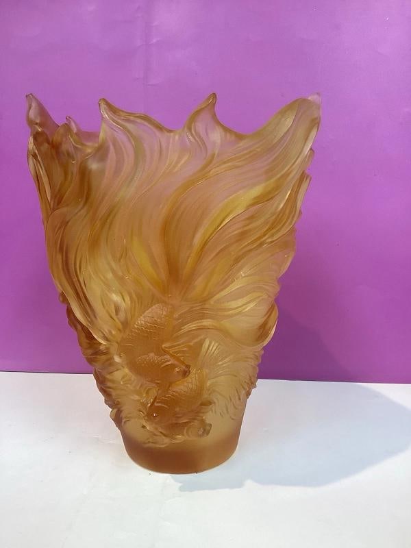Nancy Daum Style Fish Crystal Amber Vase Heavy Art Glass H9" Maker Unknown - 6