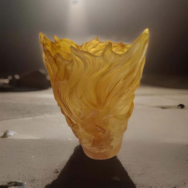 Nancy Daum Style Fish Crystal Amber Vase Heavy Art Glass H9" Maker Unknown - 7