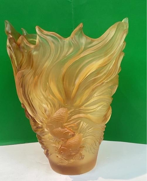 Nancy Daum Style Fish Crystal Amber Vase Heavy Art Glass H9" Maker Unknown - 8