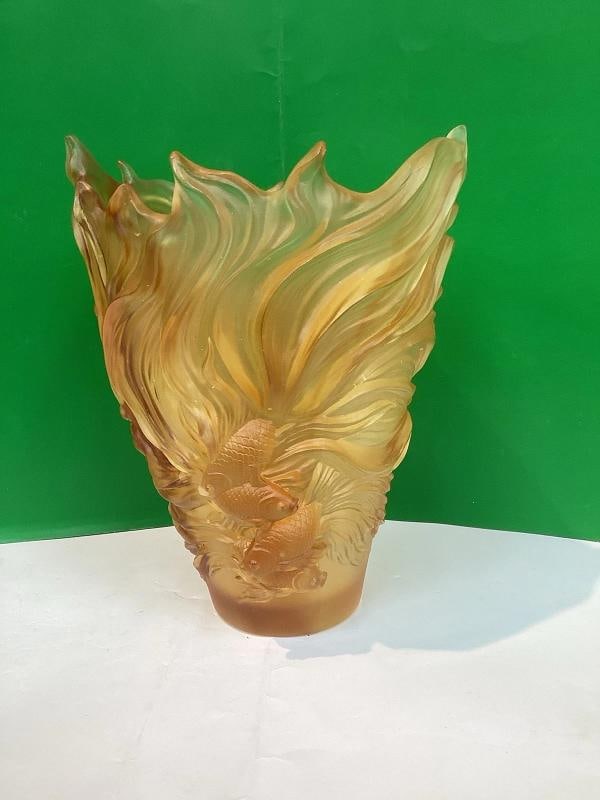 Nancy Daum Style Fish Crystal Amber Vase Heavy Art Glass H9" Maker Unknown - 9
