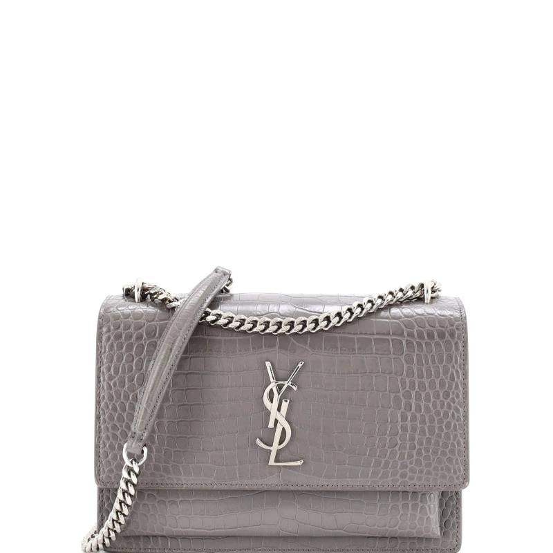Saint Laurent Sunset Crossbody Bag Crocodile Embossed Leather Medium: Condition: Pre-owned - Good,Brand: Saint Laurent,Exterior Material: Leather,Style: Cross Body Bags,Exterior Color: Gray,Department: Women,Size: Medium,Accessories: Dust Bag Condition: Very good.