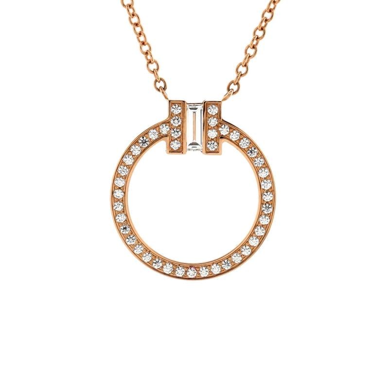 Tiffany & Co. T Circle Pendant Necklace 18K Rose Gold with Diamonds and Center: Measurements: Length: 18.00 - 16.00 ", Pendant Length: 16.10 mm, Pendant Width: 13.75 mm . Condition: Pre-owned - Good,Brand: Tiffany & Co.,Main Stone: Diamond,Metal: 18K Rose Gold,Metal Purity: 18K,S