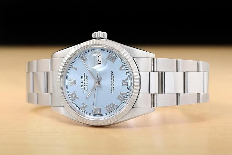 ROLEX MENS DATEJUST 16014 ICE BLUE ROMAN DIAL 18K WHITE GOLD STEEL OYSTER WATCH - 2