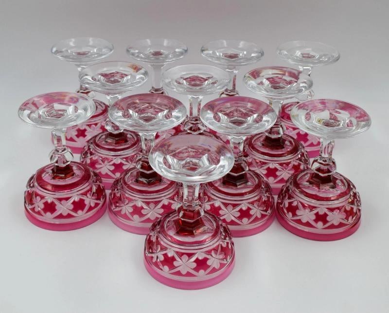 12 Val Saint Lambert Cranberry Cut to Clear Champagne Glasses/Coupes, Cathedral - 2