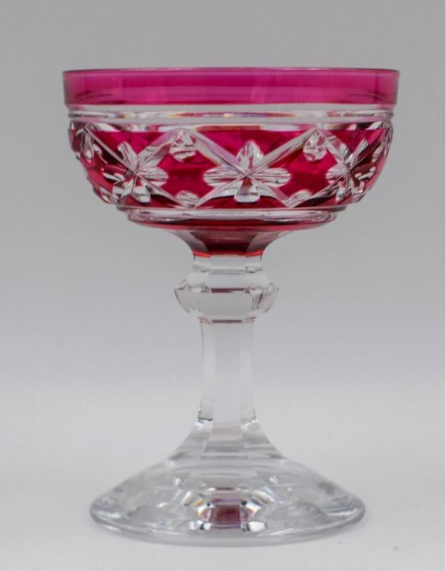 12 Val Saint Lambert Cranberry Cut to Clear Champagne Glasses/Coupes, Cathedral - 3