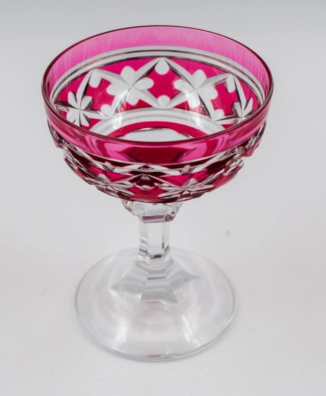 12 Val Saint Lambert Cranberry Cut to Clear Champagne Glasses/Coupes, Cathedral - 4