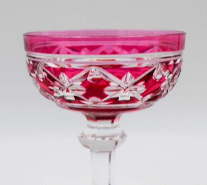 12 Val Saint Lambert Cranberry Cut to Clear Champagne Glasses/Coupes, Cathedral - 5