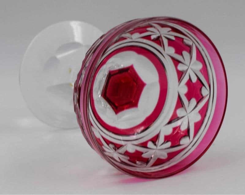 12 Val Saint Lambert Cranberry Cut to Clear Champagne Glasses/Coupes, Cathedral - 7